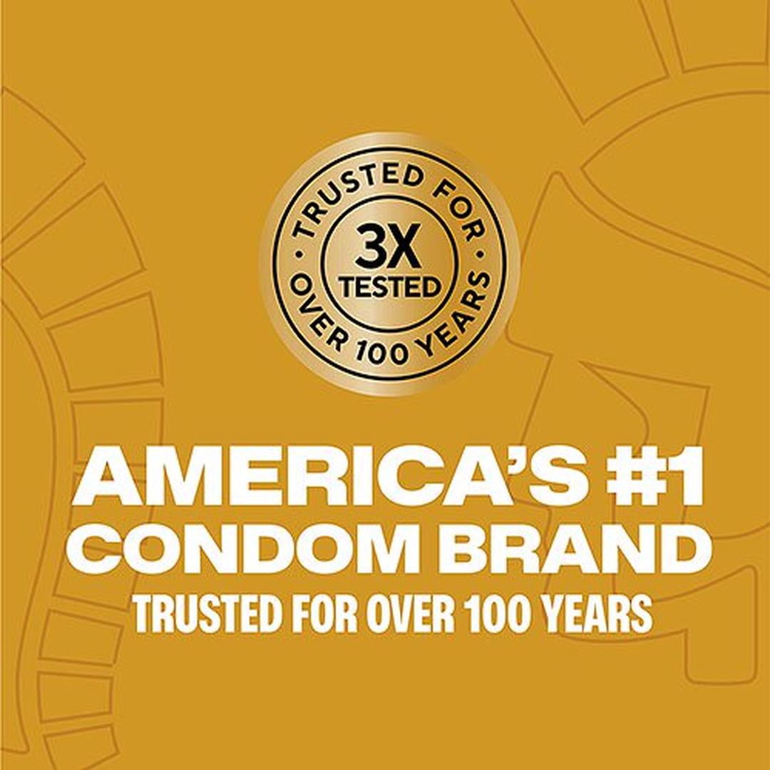 Gold background with a circular emblem reading "Trusted for Over 100 Years, 3X Tested." Below, large white text says "America’s #1 Condom Brand." Featured: Trojan Ultra Ribbed Condoms—Trojan’s trusted lubricated latex condoms for enhanced pleasure.
