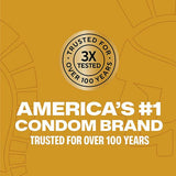 Gold background with a circular emblem reading "Trusted for Over 100 Years, 3X Tested." Below, large white text says "America’s #1 Condom Brand." Featured: Trojan Ultra Ribbed Condoms—Trojan’s trusted lubricated latex condoms for enhanced pleasure.