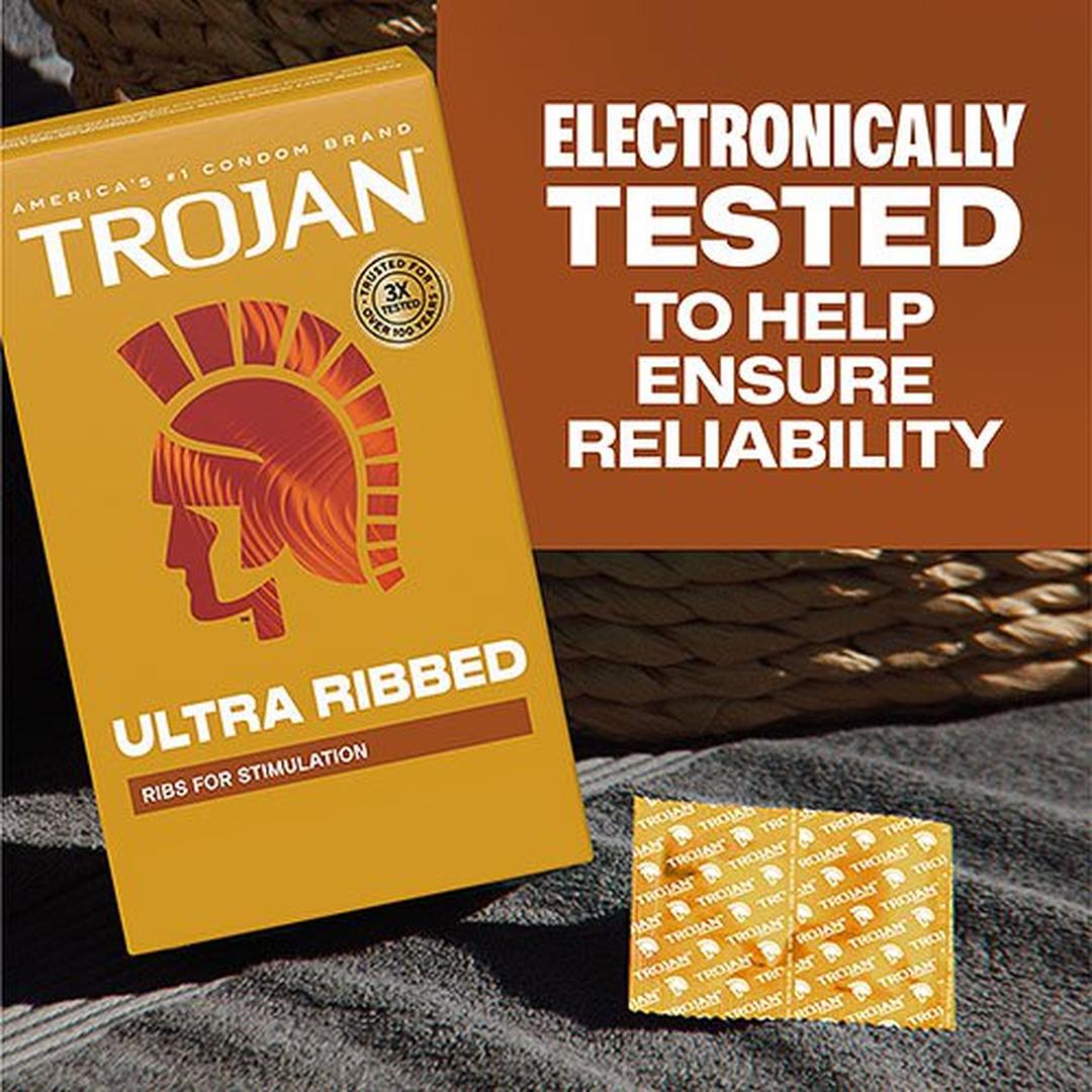 A box of Trojan Ultra Ribbed Condoms by Trojan and three individual lubricated latex condoms are shown. Text states they are electronically tested for reliability and designed for ultra stimulation.