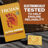 A box of Trojan Ultra Ribbed Condoms by Trojan and three individual lubricated latex condoms are shown. Text states they are electronically tested for reliability and designed for ultra stimulation.