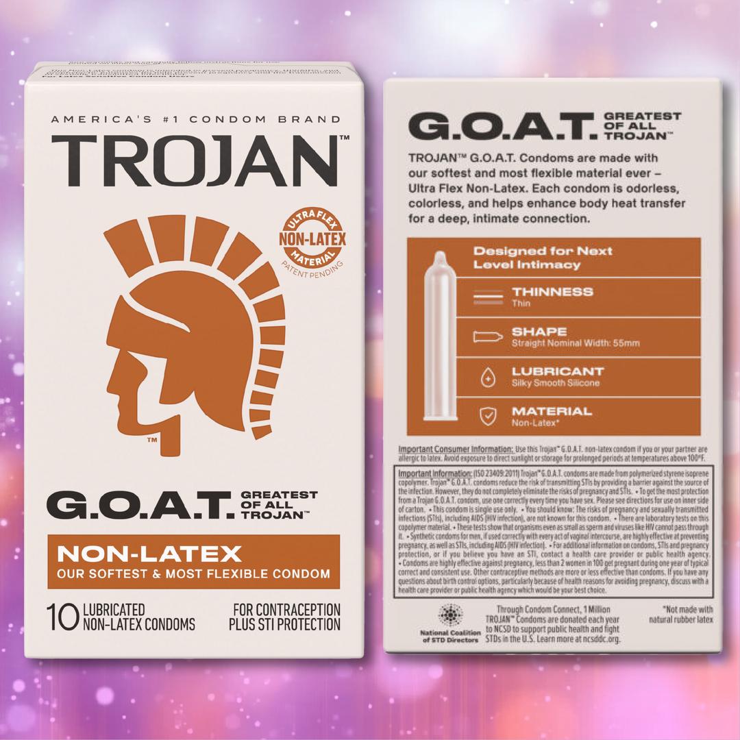 Front and back of a Trojan G.O.A.T. Non-Latex Lubricated Condoms box, emphasizing its softness, flexibility, thinness, and effectiveness for contraception and STI protection. The background features a blurred purple sparkling pattern.