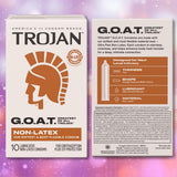 Front and back of a Trojan G.O.A.T. Non-Latex Lubricated Condoms box, emphasizing its softness, flexibility, thinness, and effectiveness for contraception and STI protection. The background features a blurred purple sparkling pattern.