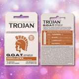 Two boxes of Trojan G.O.A.T. Non-Latex Lubricated Condoms by Trojan are shown, highlighting white and orange packaging with ultra flex material and details on thinness, unique shape, premium lubricant, and non-latex benefits.