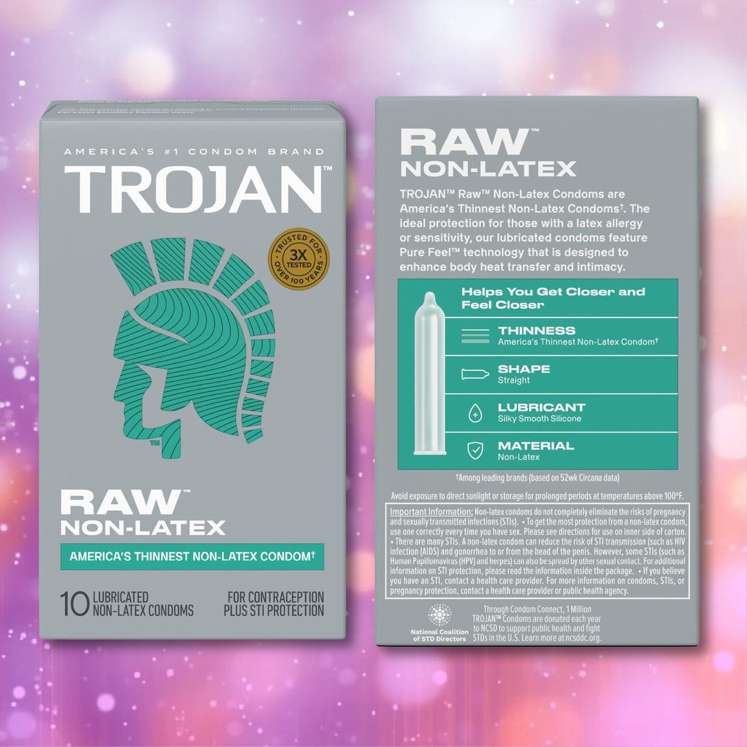Two boxes of Trojan Raw Non-Latex Condoms from Trojan are displayed on a pink, sparkly background. The front features the brand and product name, while the back highlights key features such as their unique shape, ultra-thin design, non-latex polyurethane material, and added protection details.