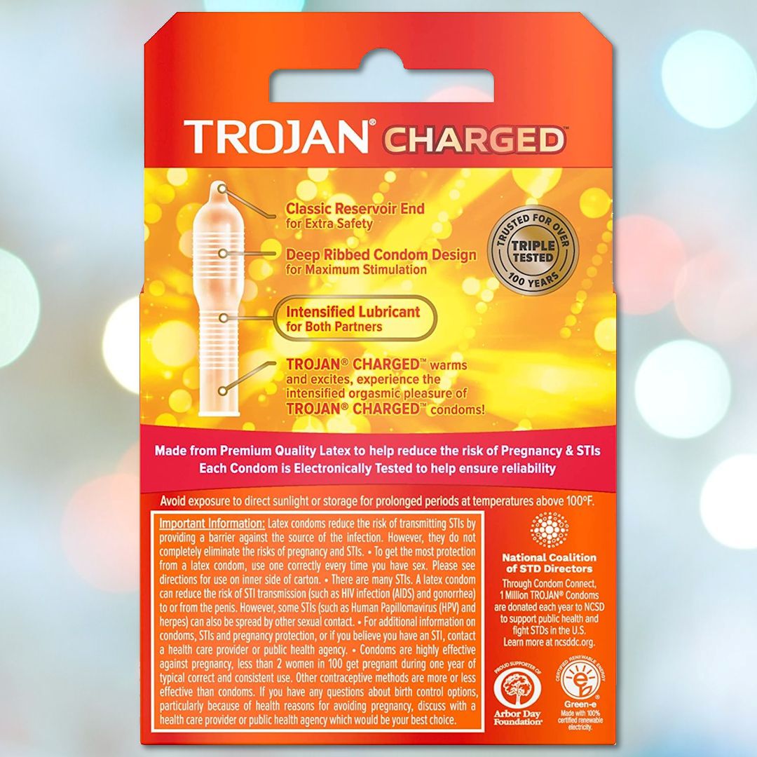 The image features the reverse side of a Trojan Charged Deep-Ribbed Condoms package, highlighting its orgasmic design with a pronounced ribbed pattern and enhanced lubricant for increased pleasure. Made from premium quality latex and offering a comfort fit, it also provides usage instructions and safety warnings at the bottom.