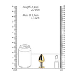 An image illustrating a size comparison of three objects: a soda can, the Shots Ouch! Heart Gem Butt Plug Small - Gold/Ruby Red by Shots, and a lipstick. Each item is positioned between two rulers displaying measurements in both inches and centimeters for reference.