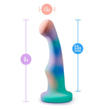 The Avant Opal Dreams Dildo - Aqua, created by Avant, showcases a vibrant curved design ideal for G-spot stimulation. Crafted from high-quality Puria silicone, it measures 6 inches in total length with 5.5 inches insertable and features a stunning array of purple, blue, and green hues.