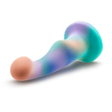 The Avant Opal Dreams Dildo - Aqua is a striking object from the Avant brand, showcasing an abstract shape with a smooth, wavy design and a bulbous end. It boasts a marble-like blend of teal, purple, and peach hues and is expertly crafted from Puria silicone. The dildo is elegantly displayed against a plain white background.