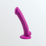 The Avant D9 Ergo MINI 6.5" Non-Porous Silicone Dildo in violet, featuring a curved shaft and suction base for body-safe pleasure, stands against a plain white background.